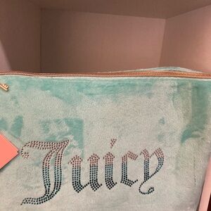 Juicy Couture baby blue velour cosmetic pouch, silver & blue rhinestones NWT Y2K